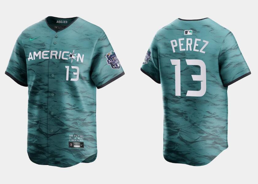 Men's Kansas City Royals #13 Salvador Perez Teal 2023 All-star Cool Base With Patch Stitched Baseball Jersey